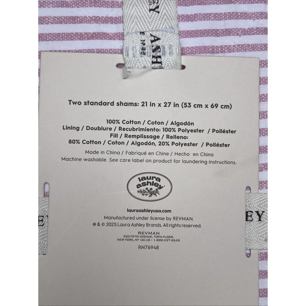 Laura Ashley Oxford Stripe Pink Cotton Sham Pair Standard Pillow Ruffle Trim New